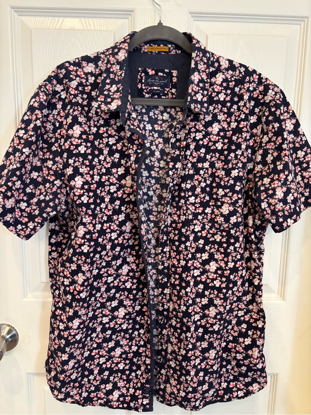 Men's Navy Short-Sleeve Button-Down Shirt with Pink Floral Print